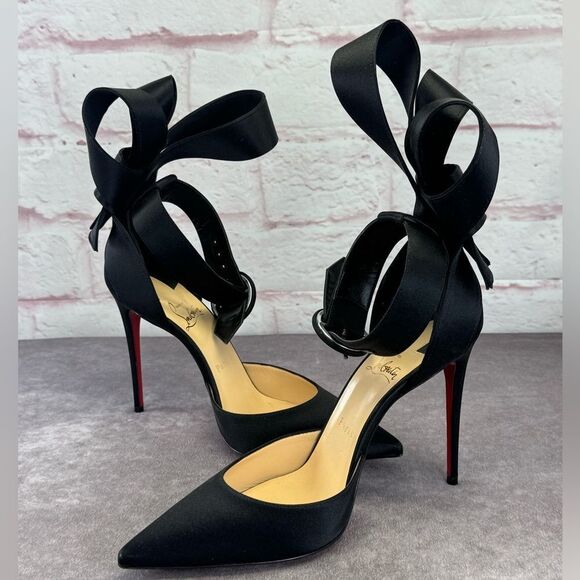 Christian Louboutin Crepe Satin Raissa 100 Ankle Strap Pumps 40 Black - Picture 1 of 9
